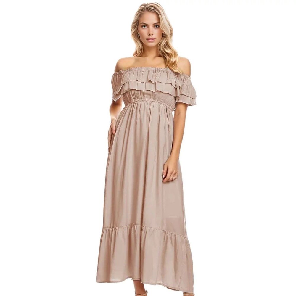 Anna-Kaci Small Taupe Beige off Shoulder Tiered Maxi Dress Boho Peasant Coastal